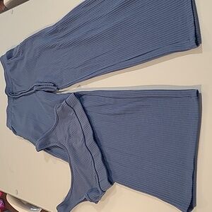 LULUs Muted Blue Ribbed Crop Top and Pant Lounge Set w/ Pockets